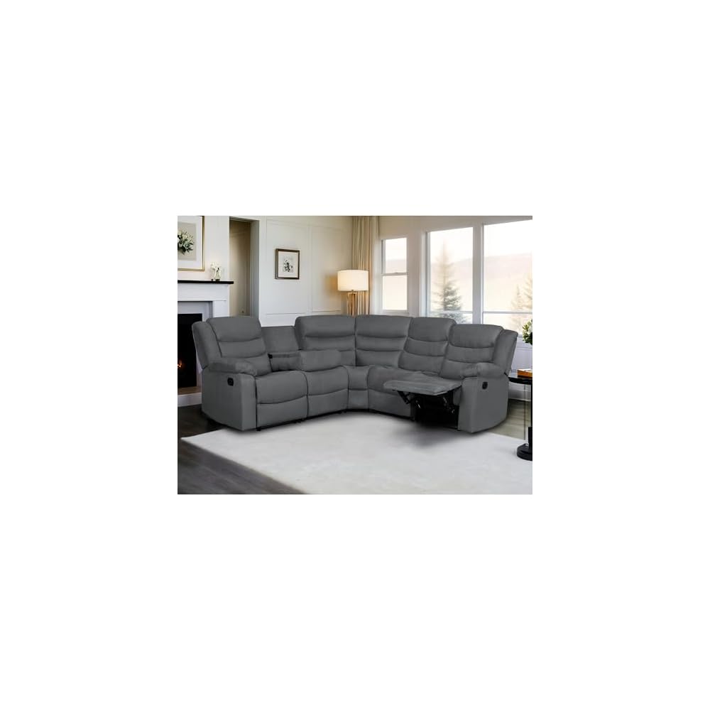 Recliner Sectional Sofa, Microfiber Manual Reclining Sectional Couch with Cup Holders, Living Room/Office (Gray)