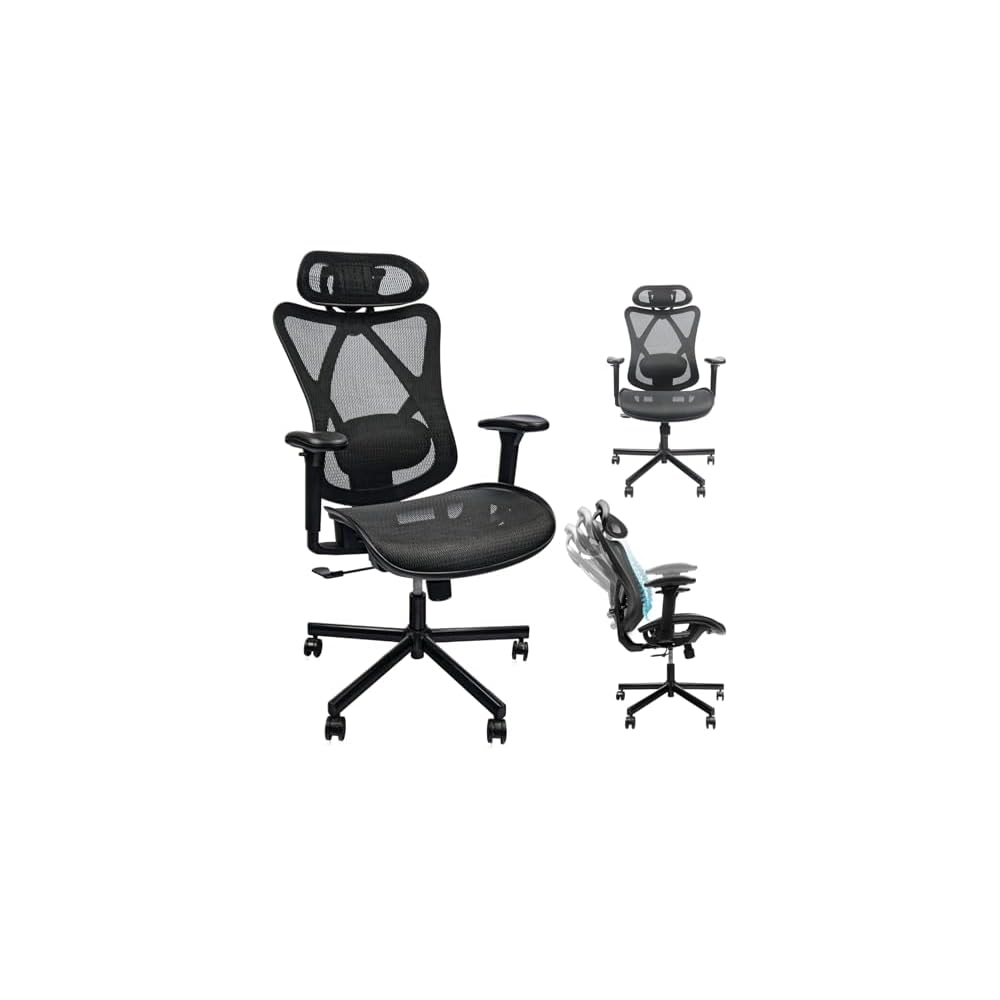 Ergonomic Mesh Office Chair with Adjustable Lumbar Support, Headrest, Armrests, and Heavy Duty Casters for Home, Office, Gaming - Black, Metal, Mesh