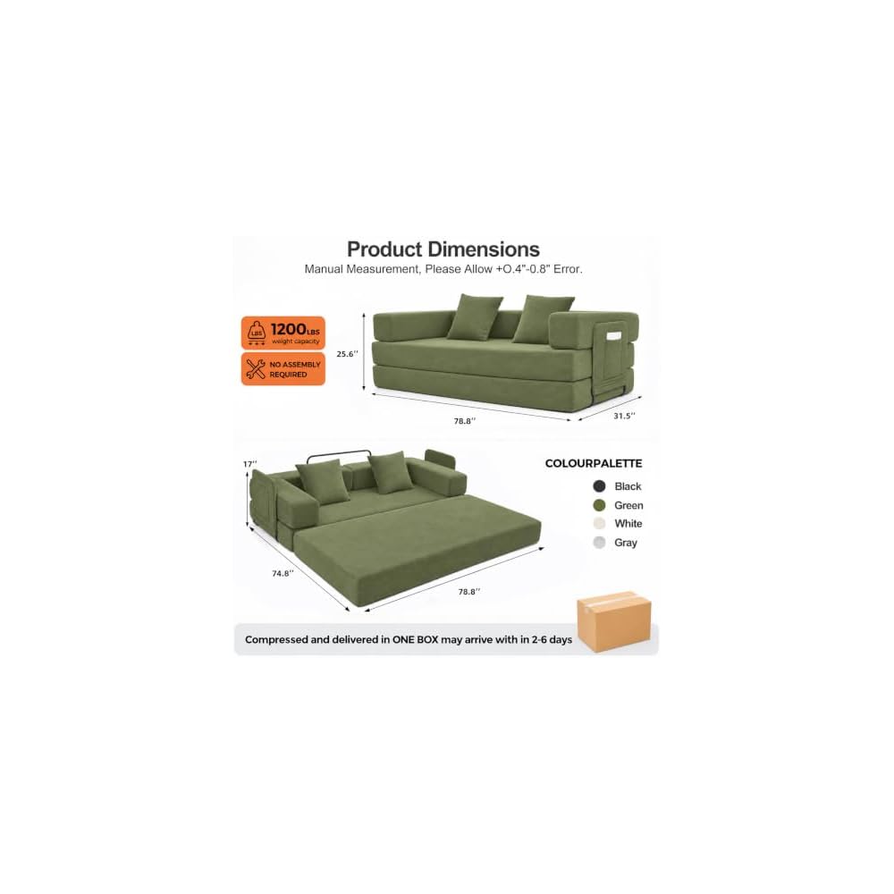 King Oasis 79" Convertible Futon Sofa Bed, Boneless Couch for Living Room