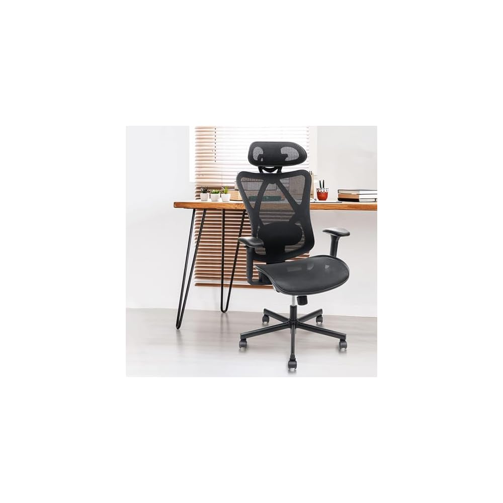 Ergonomic Mesh Office Chair with Adjustable Lumbar Support, Headrest, Armrests, and Heavy Duty Casters for Home, Office, Gaming - Black, Metal, Mesh