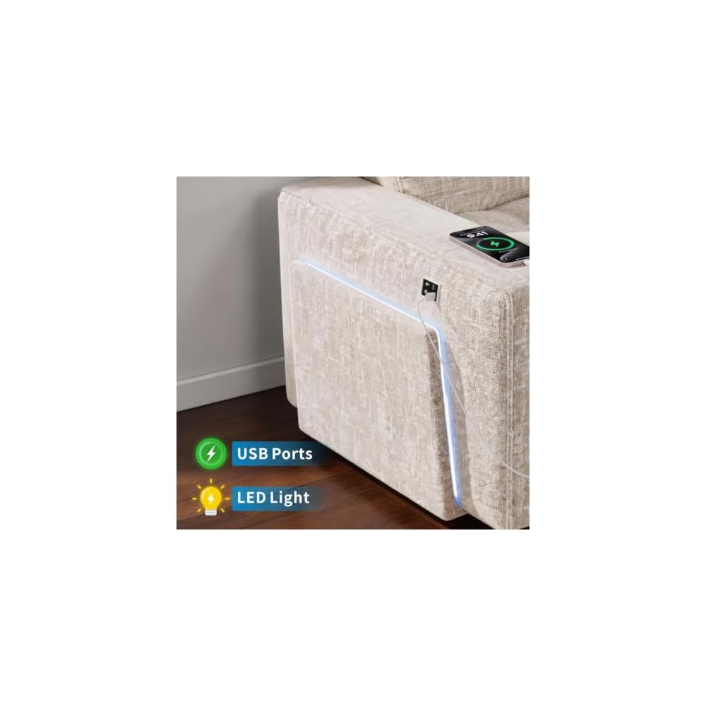MUUEGM 102" Sectional Sleeper Sofa with Pull-Out Bed 8 Seat Modern U-Shaped Modular Couch Reclining Backrest, USB Ports, LED Light, Side Table, Storage Seat, Tool-Free Assembly, Chenille Beige