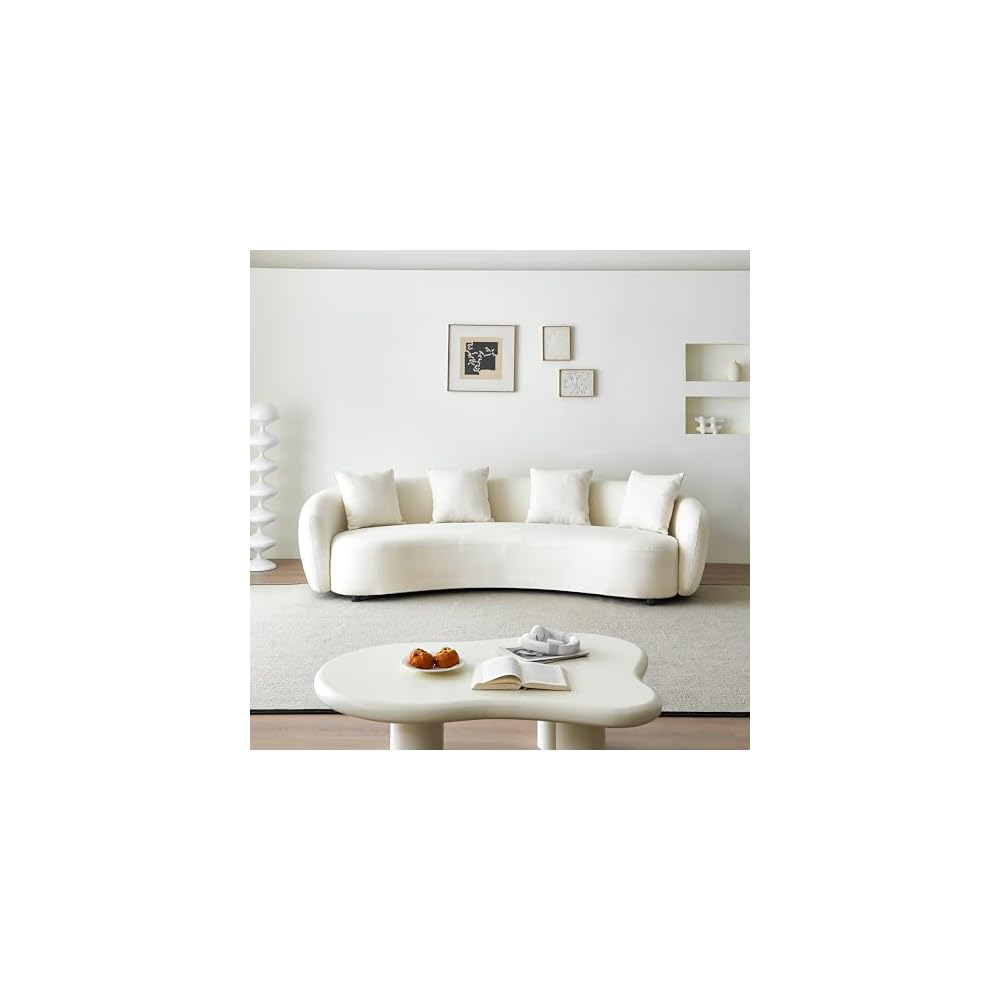 101.57" Curved Sofa Couch for Living Room Modern Boucle Couch with 4 Throw Pillows 4 Seater Cream Upholstered Sofa for Living Room, Office