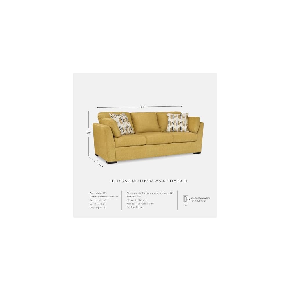 Signature Design by Ashley Keerwick Scandinavian 2-in-1 Sofa Sleeper with Folding Gel Memory Foam Mattress and 4 Pillows, Queen, Yellow