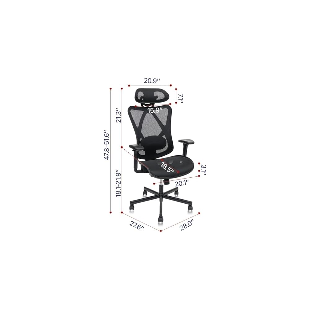 Ergonomic Mesh Office Chair with Adjustable Lumbar Support, Headrest, Armrests, and Heavy Duty Casters for Home, Office, Gaming - Black, Metal, Mesh