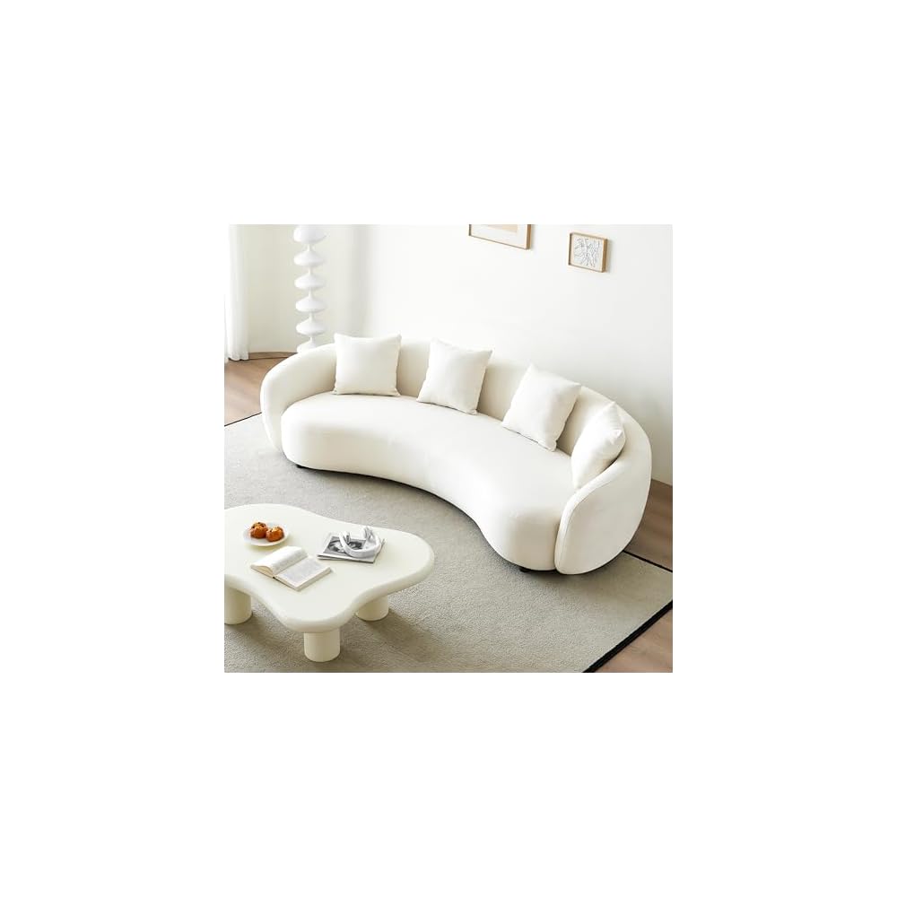 101.57" Curved Sofa Couch for Living Room Modern Boucle Couch with 4 Throw Pillows 4 Seater Cream Upholstered Sofa for Living Room, Office