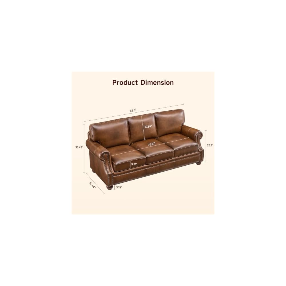 ONBRILL Classic Genuine Leather Sofa with Nailhead Trims, Dark Brown