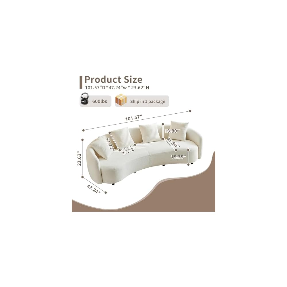 101.57" Curved Sofa Couch for Living Room Modern Boucle Couch with 4 Throw Pillows 4 Seater Cream Upholstered Sofa for Living Room, Office