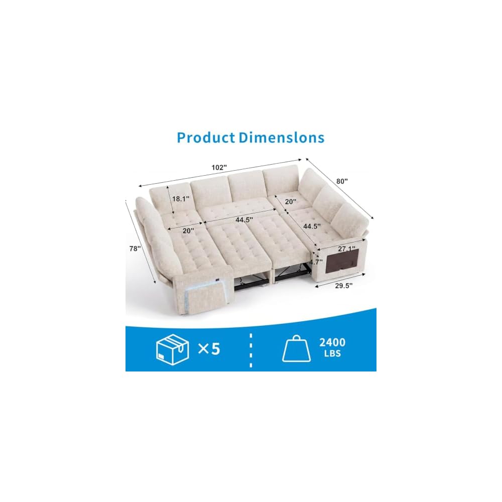 MUUEGM 102" Sectional Sleeper Sofa with Pull-Out Bed 8 Seat Modern U-Shaped Modular Couch Reclining Backrest, USB Ports, LED Light, Side Table, Storage Seat, Tool-Free Assembly, Chenille Beige