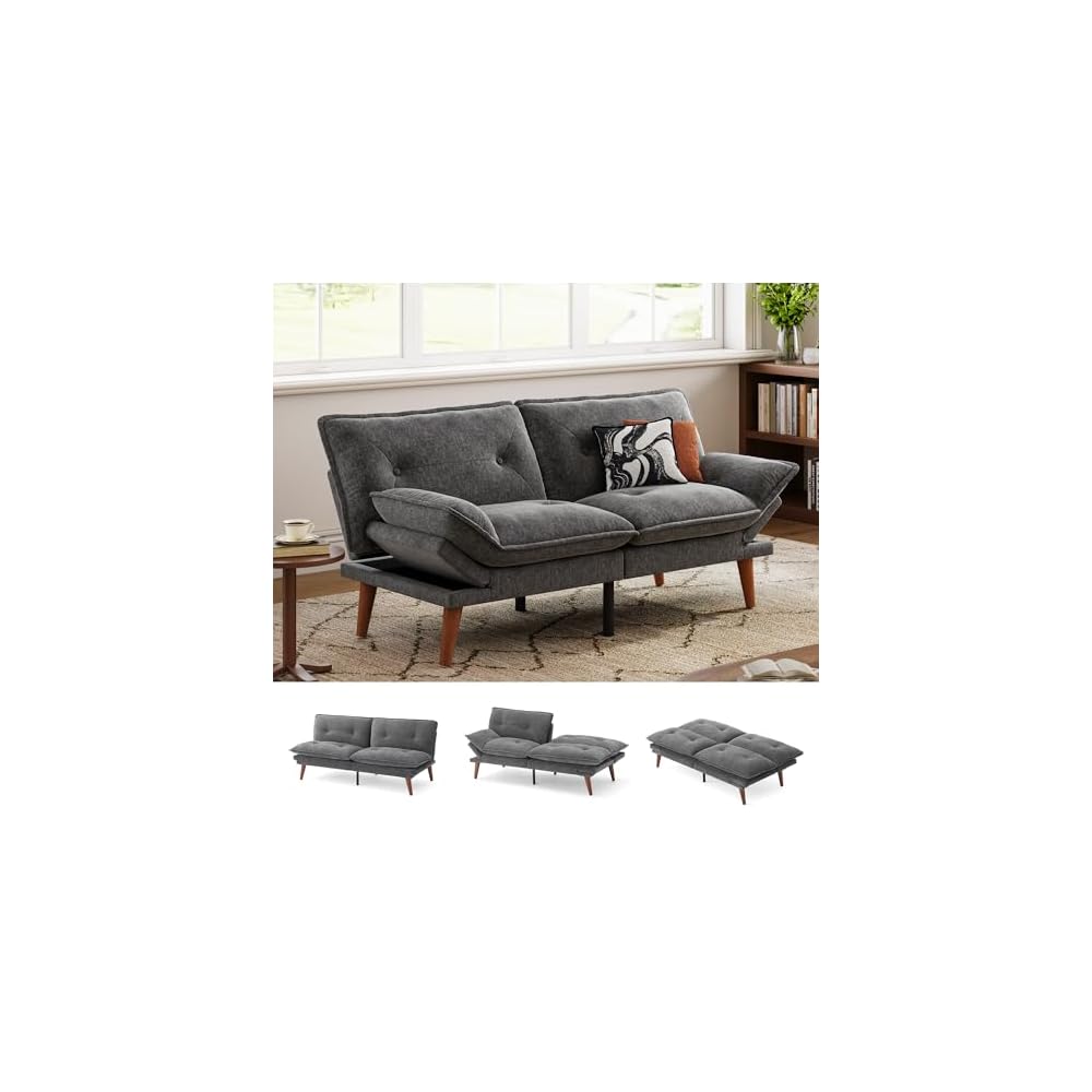 LINSY HOME Futon Sofa Bed, 70" Chenille Futon Couch with Adjustable Backrest Armrest, 3 in 1 Convertible Comfy Loveseat Sleeper Sofa Bed for Small Spaces Dorm Room Apartment Home Office(Dark Grey)