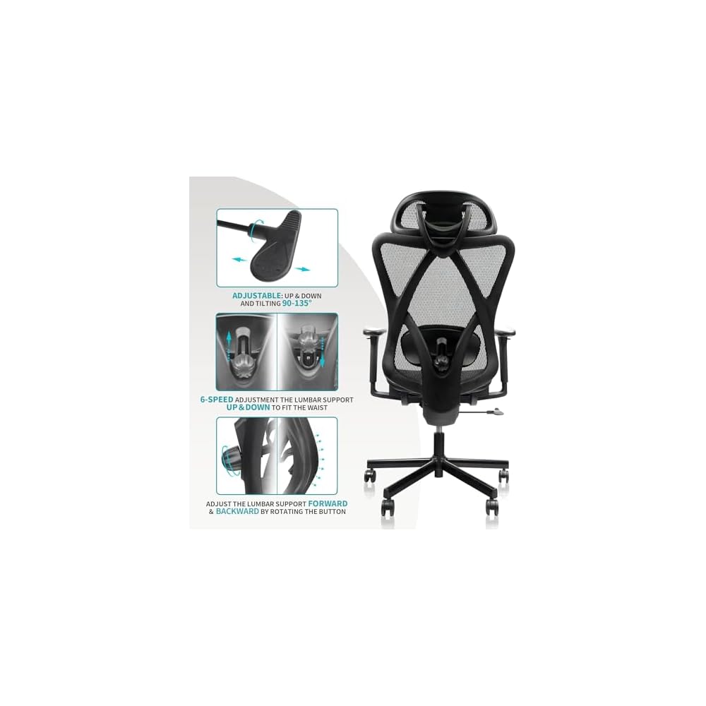 Ergonomic Mesh Office Chair with Adjustable Lumbar Support, Headrest, Armrests, and Heavy Duty Casters for Home, Office, Gaming - Black, Metal, Mesh