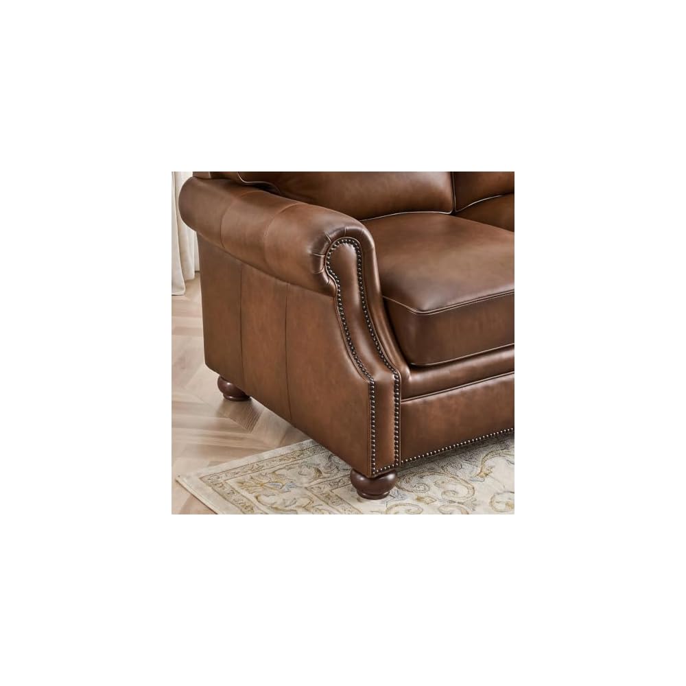 ONBRILL Classic Genuine Leather Sofa with Nailhead Trims, Dark Brown