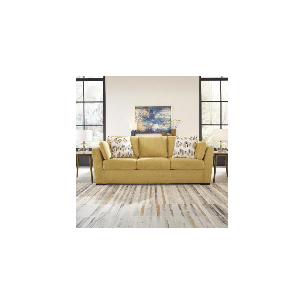 Signature Design by Ashley Keerwick Scandinavian 2-in-1 Sofa Sleeper with Folding Gel Memory Foam Mattress and 4 Pillows, Queen, Yellow