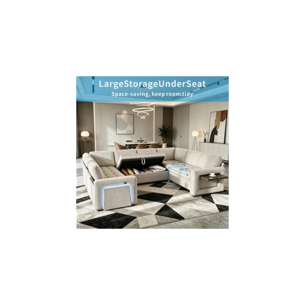 MUUEGM 102" Sectional Sleeper Sofa with Pull-Out Bed 8 Seat Modern U-Shaped Modular Couch Reclining Backrest, USB Ports, LED Light, Side Table, Storage Seat, Tool-Free Assembly, Chenille Beige