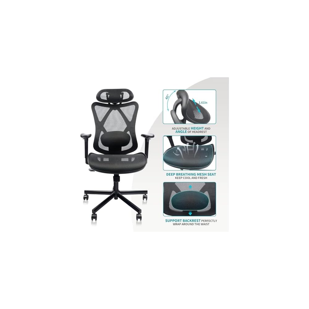 Ergonomic Mesh Office Chair with Adjustable Lumbar Support, Headrest, Armrests, and Heavy Duty Casters for Home, Office, Gaming - Black, Metal, Mesh