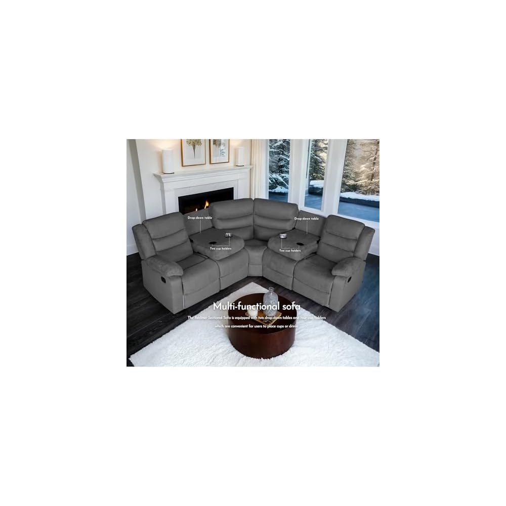 Recliner Sectional Sofa, Microfiber Manual Reclining Sectional Couch with Cup Holders, Living Room/Office (Gray)