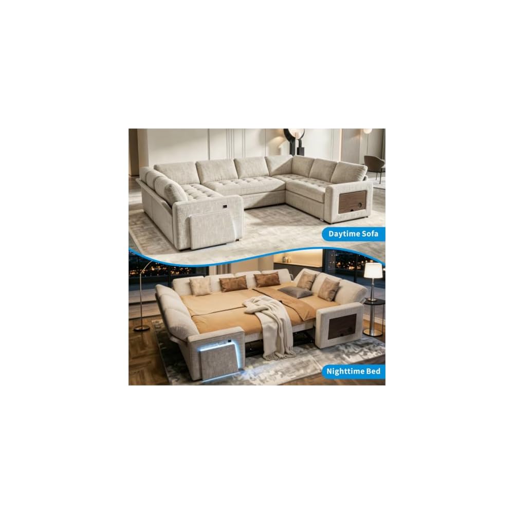 MUUEGM 102" Sectional Sleeper Sofa with Pull-Out Bed 8 Seat Modern U-Shaped Modular Couch Reclining Backrest, USB Ports, LED Light, Side Table, Storage Seat, Tool-Free Assembly, Chenille Beige