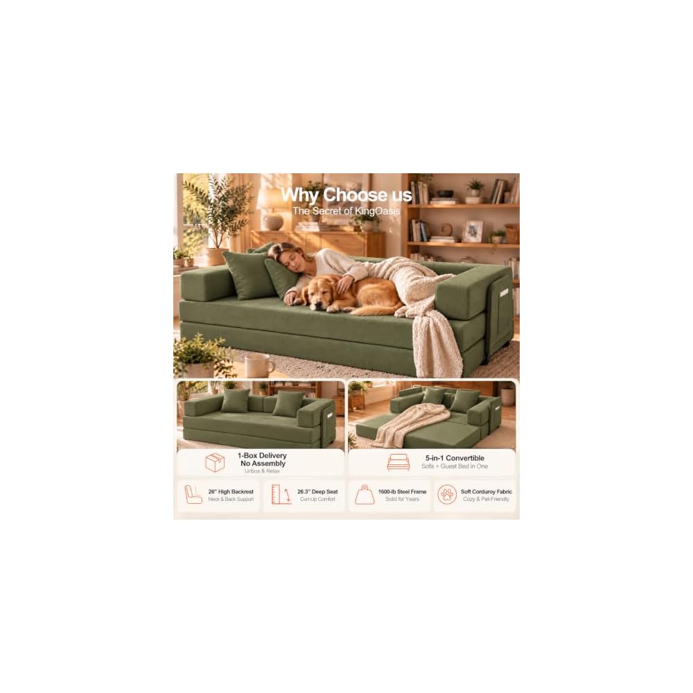 King Oasis 79" Convertible Futon Sofa Bed, Boneless Couch for Living Room