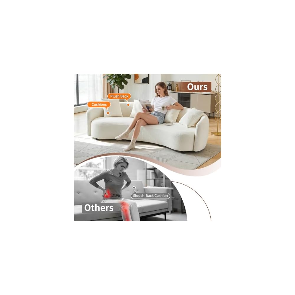 101.57" Curved Sofa Couch for Living Room Modern Boucle Couch with 4 Throw Pillows 4 Seater Cream Upholstered Sofa for Living Room, Office