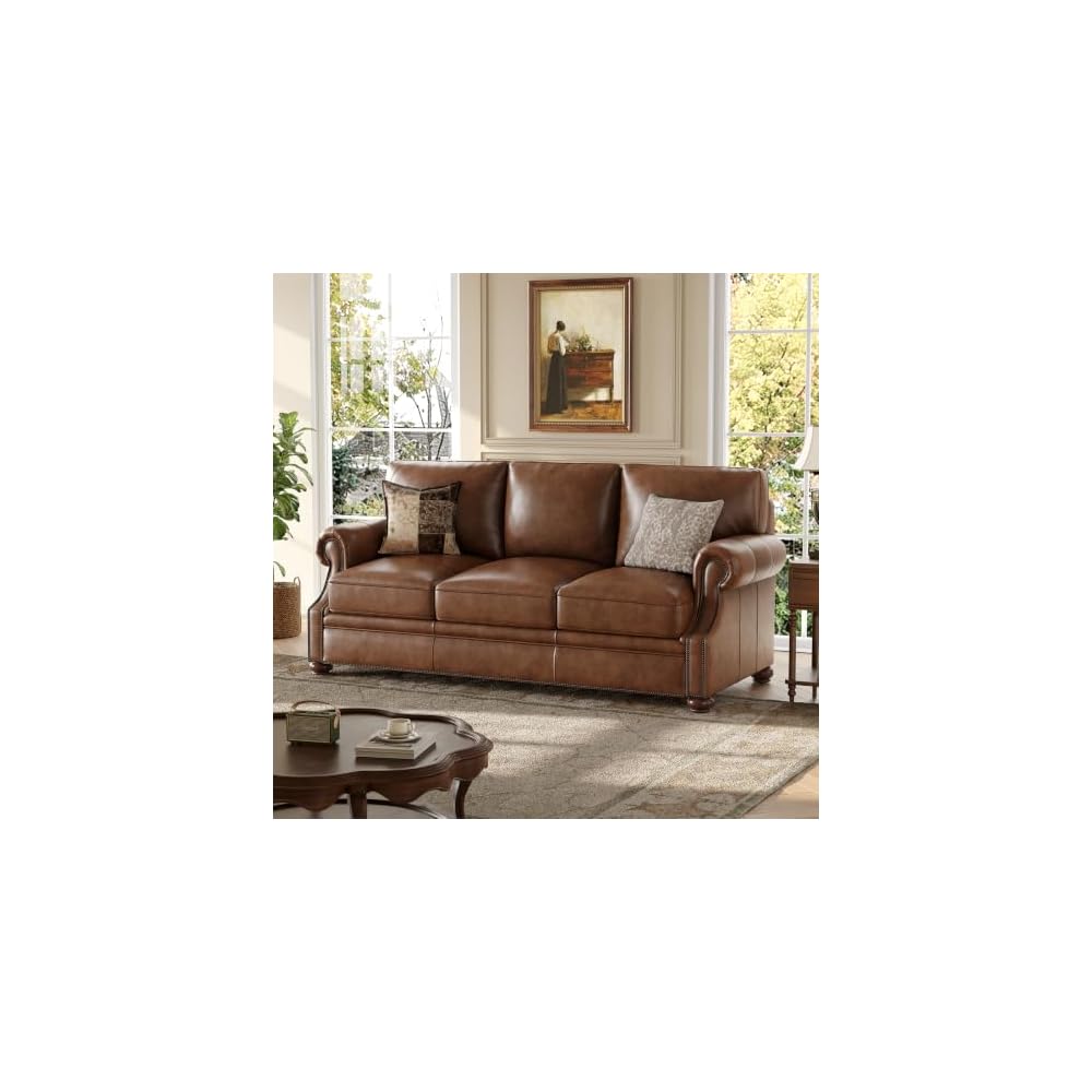 ONBRILL Classic Genuine Leather Sofa with Nailhead Trims, Dark Brown