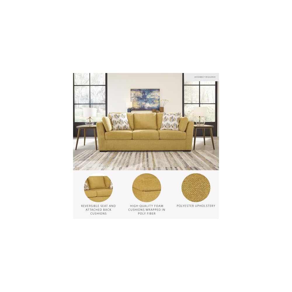 Signature Design by Ashley Keerwick Scandinavian 2-in-1 Sofa Sleeper with Folding Gel Memory Foam Mattress and 4 Pillows, Queen, Yellow