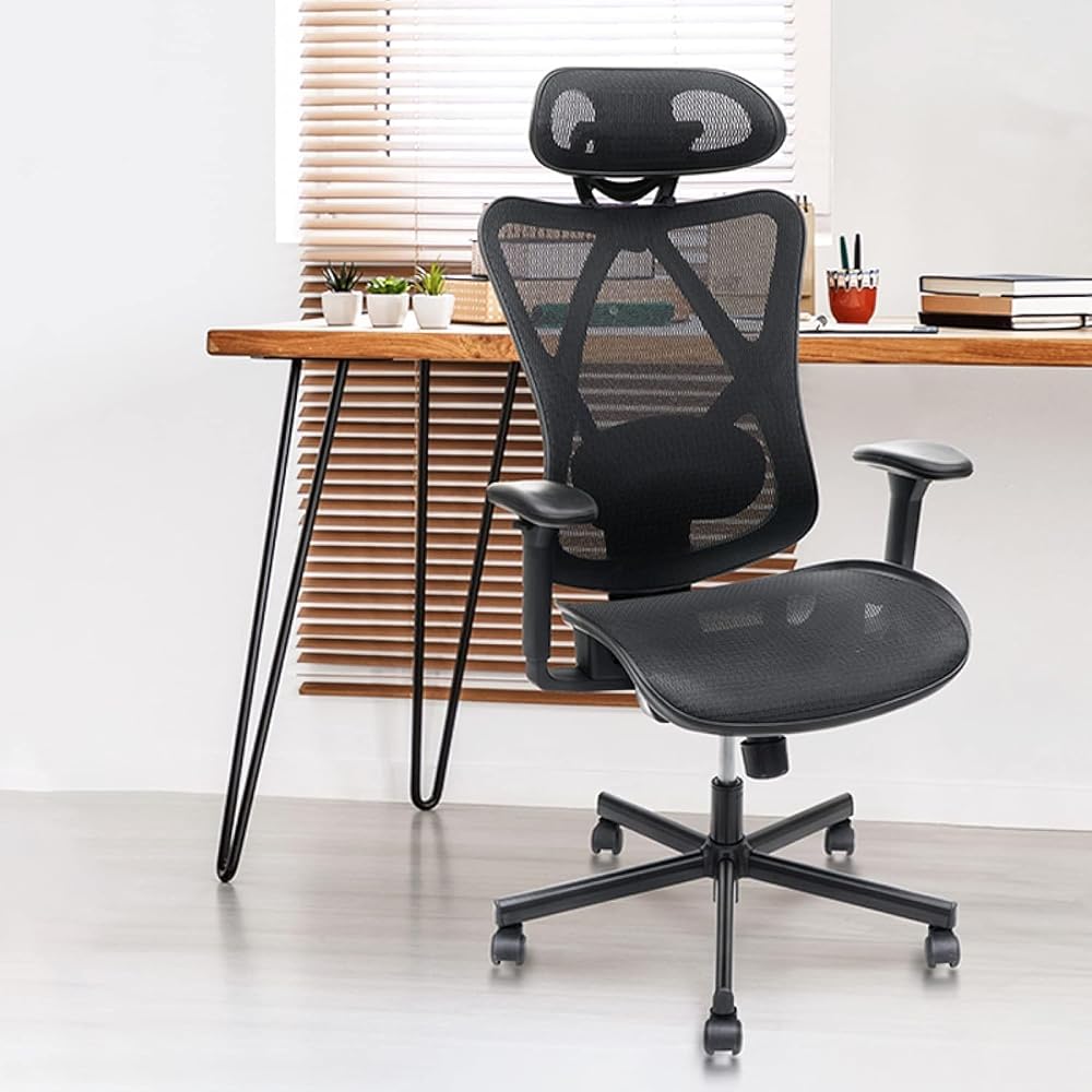 Ergonomic Mesh Office Chair with Adjustable Lumbar Support, Headrest, Armrests, and Heavy Duty Casters for Home, Office, Gaming - Black, Metal, Mesh
