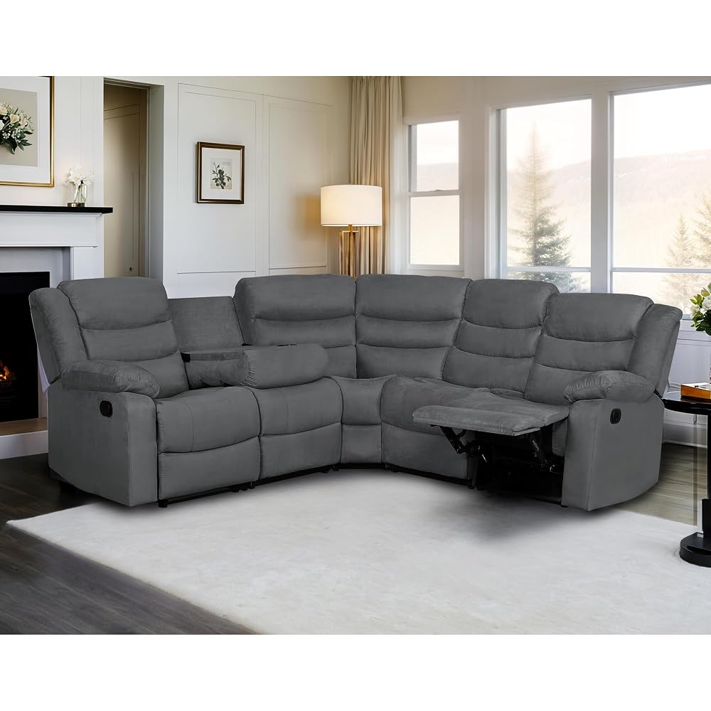 Recliner Sectional Sofa, Microfiber Manual Reclining Sectional Couch with Cup Holders, Living Room/Office (Gray)