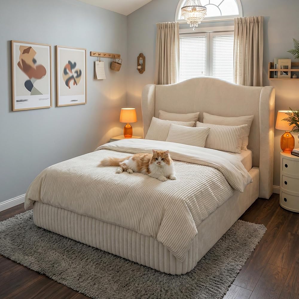 Homkdom 49" Cloud Bed Frame Full Size with Tall Wingback Headboard