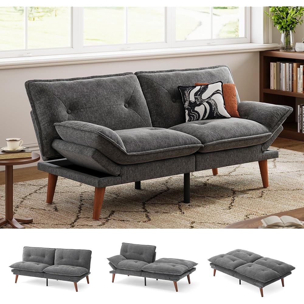 LINSY HOME Futon Sofa Bed, 70" Chenille Futon Couch with Adjustable Backrest Armrest, 3 in 1 Convertible Comfy Loveseat Sleeper Sofa Bed for Small Spaces Dorm Room Apartment Home Office(Dark Grey)