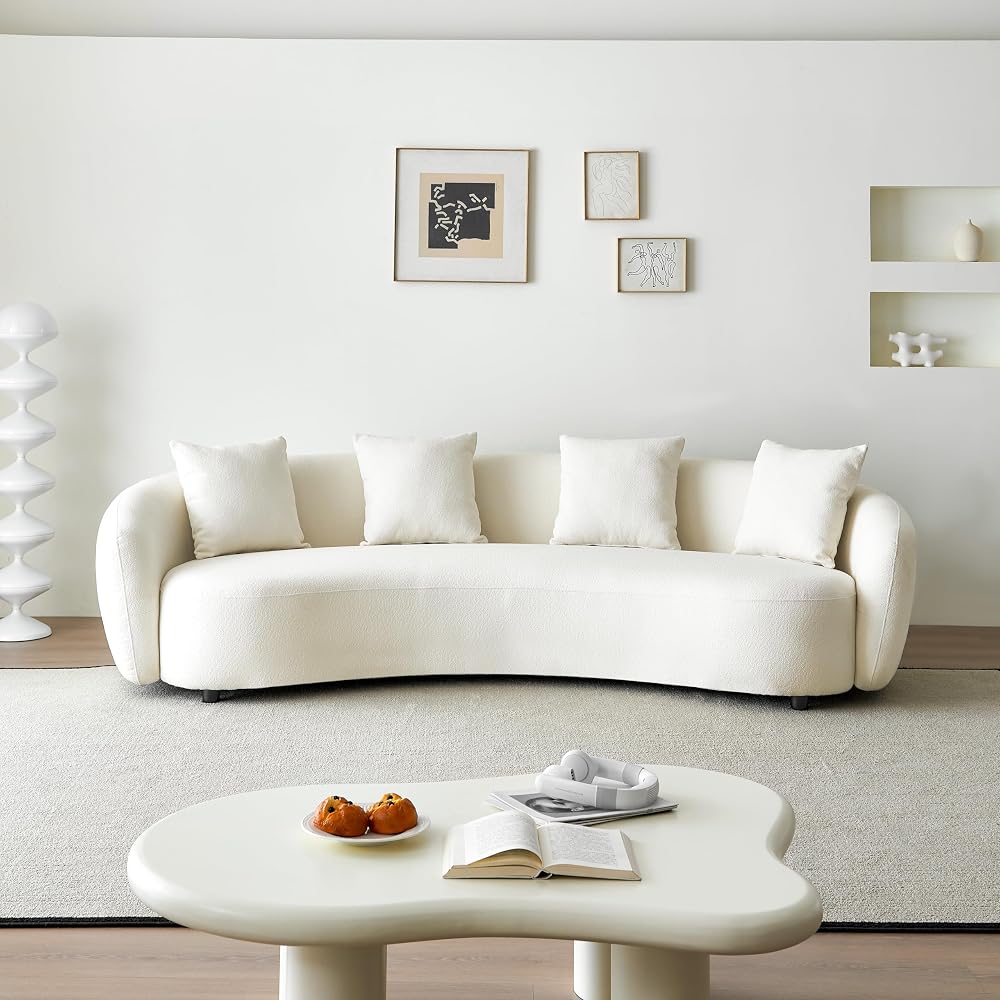 101.57" Curved Sofa Couch for Living Room Modern Boucle Couch with 4 Throw Pillows 4 Seater Cream Upholstered Sofa for Living Room, Office